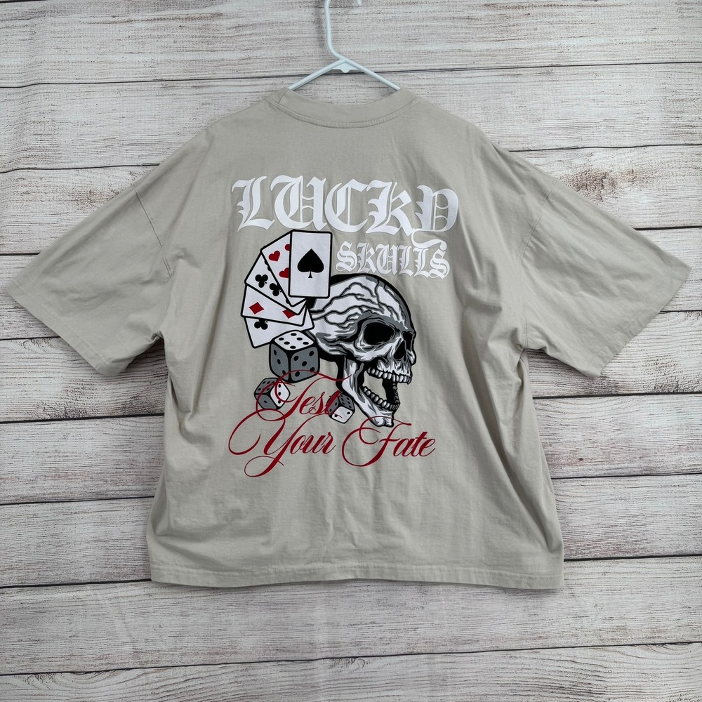 GSTR Graphic T-Shirt Mens 3XL Tan Lucky Skulls Test Your Fate Dice Cards Cotton